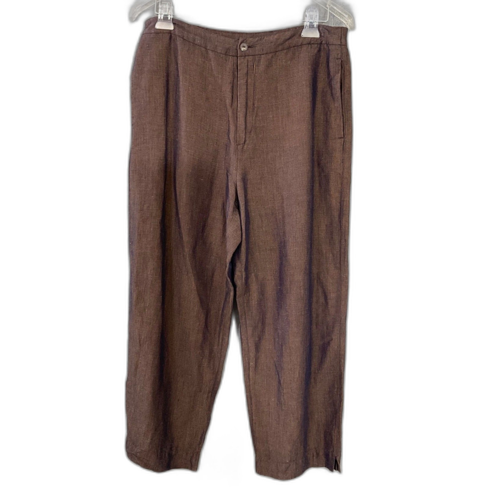 Chico's Design Linen blend Crop Trouser Pants women’s M Brown Wide Leg Pockets